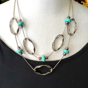 Vintage MARIE Necklace  Oval Silver Links and Turquoise Colored Glass Beads